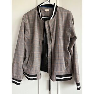 Hem & Thread Plaid Bomber Jacket Athletic Stripe Trim Size Medium